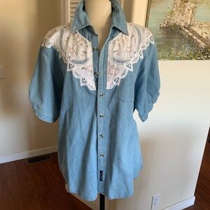 Denim Button-Up Shirt with pretty Battenburg lace yoke, like new condition